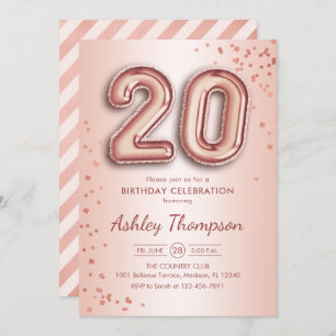 20th Birthday - Rose Gold Balloons Invitation