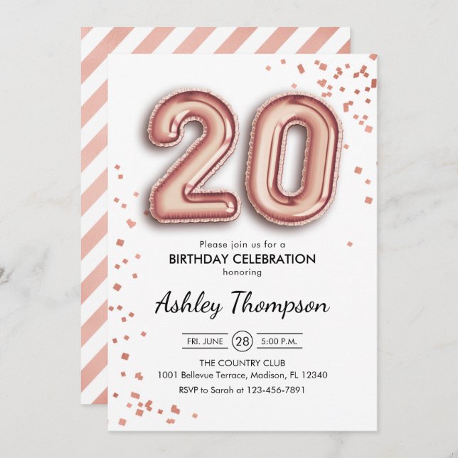 20th Birthday - Rose Gold Balloons Invitation (Front/Back)