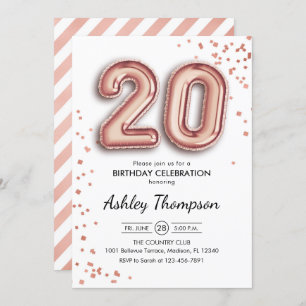 20th Birthday - Rose Gold Balloons Invitation