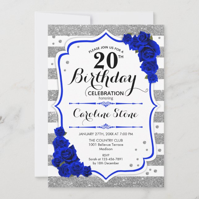20th Birthday - Royal Blue Silver White Stripes Invitation (Front)