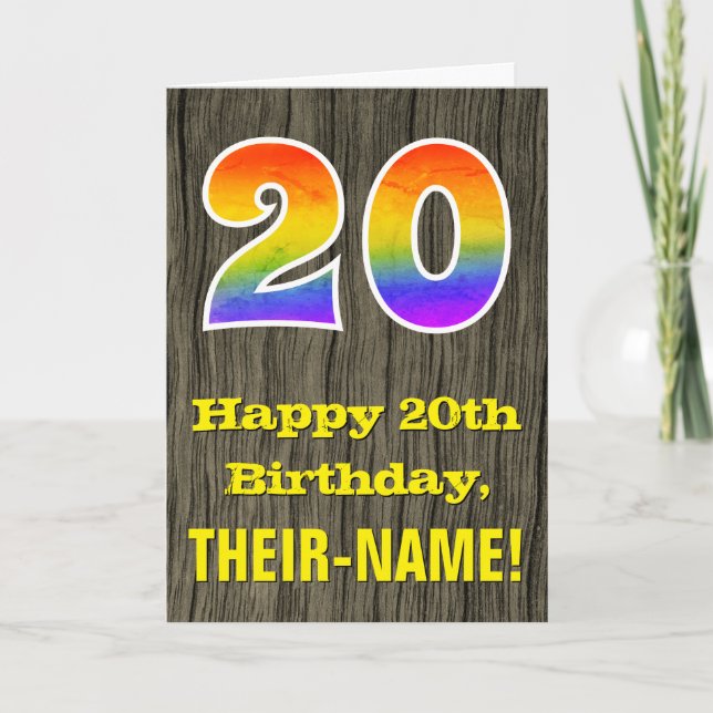 20th Birthday: Rustic Faux Wood Look, Rainbow "20" Card (Front)