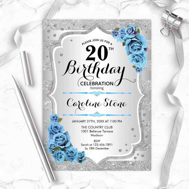 20th Birthday - Silver Stripes Icy Blue Roses Invitation (Creator Uploaded)
