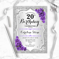20th Birthday - Silver Stripes Purple Roses