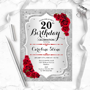 20th Birthday - Silver Stripes Red Roses Invitation