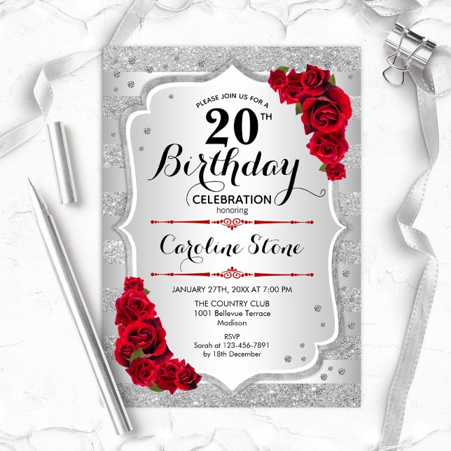 20th Birthday - Silver Stripes Red Roses Invitation (Creator Uploaded)