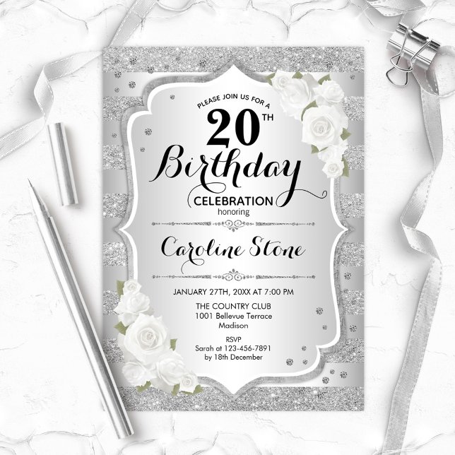 20th Birthday - Silver Stripes White Roses Invitation (Creator Uploaded)