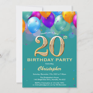20th Birthday Teal and Gold Colourful Balloons Invitation