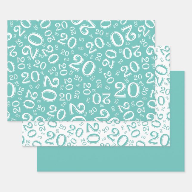 20th Birthday Teal & White Number Pattern 20 Wrapping Paper Sheet (Set)