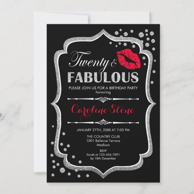 20th Birthday - Twenty Fabulous Black Red Silver Invitation (Front)
