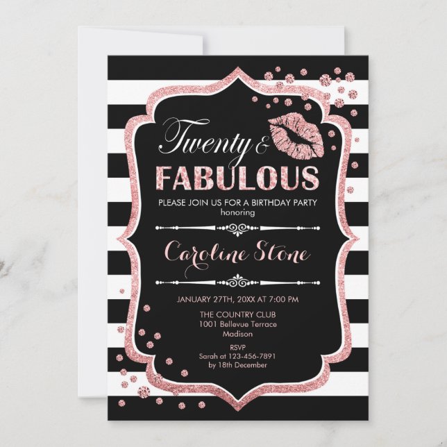 20th Birthday - Twenty Fabulous Black Rose Gold Invitation (Front)