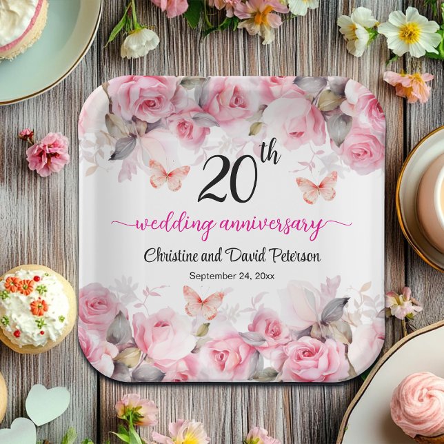 20th China Wedding Anniversary Blush Roses Paper Plate (Creator Uploaded)