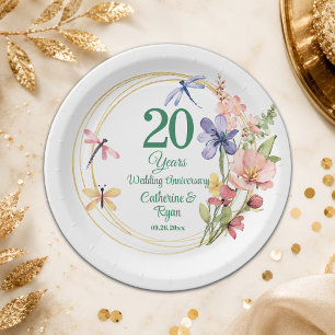 20th China Wedding Anniversary Gold Frame Floral Paper Plate
