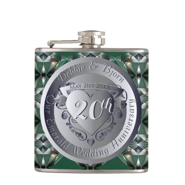 20th Emerald Design Wedding Anniversary Medallion  Hip Flask (Front)