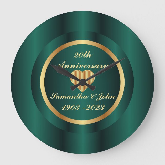 20th Emerald Green And Gold Wedding Anniversary Large Clock (Front)
