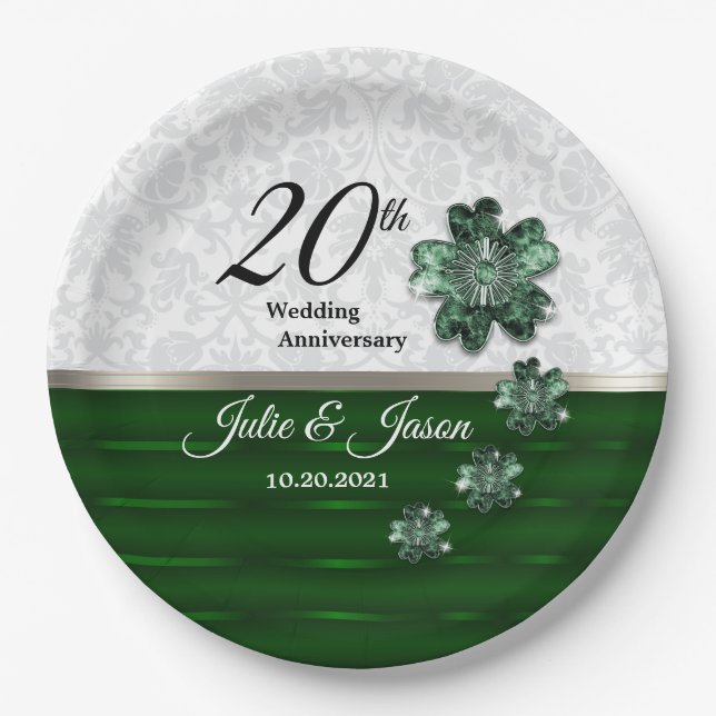 20th Emerald Jewel Wedding Anniversary Design Paper Plate (Front)
