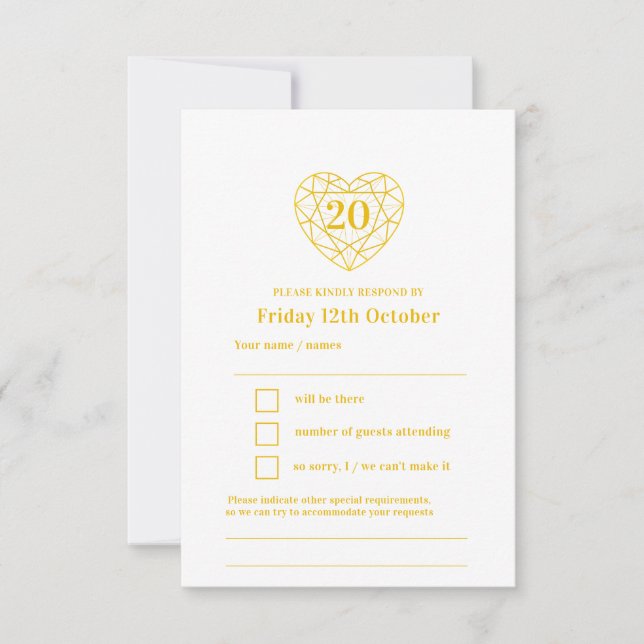 20th gold heart anniversary reply RSVP (Front)