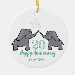 20th green & white elephant wedding anniversary ceramic ornament