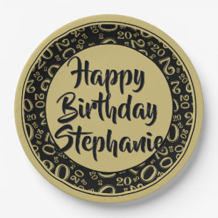20th Party Random Number Pattern Black/Gold Paper Plate