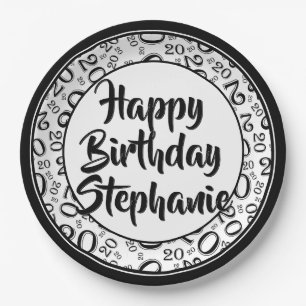 20th Party Random Number Pattern Black/White Paper Plate