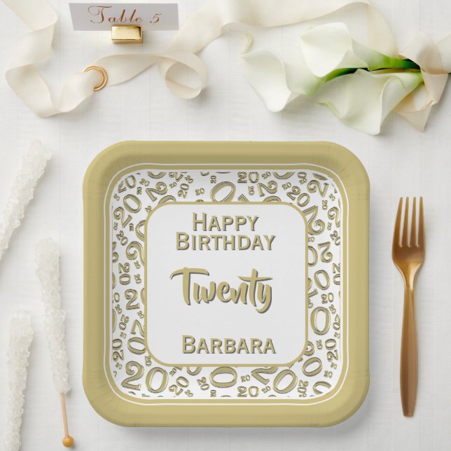 20th Party Random Number Pattern Gold/White Paper Plate (Wedding)