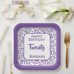 20th Party Random Number Pattern Purple/White Paper Plate