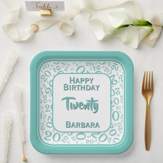 20th Party Random Number Pattern Teal/White Paper Plate (Wedding)