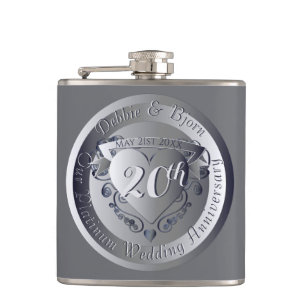 20th Platinum Wedding Anniversary Medallion Hip Flask