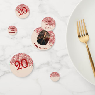 20th Ruby Red Glitter Birthday Photo Table  Confetti