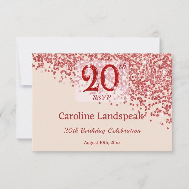 20th Ruby Red Glitter Burgundy Birthday RSVP  Card (Front)