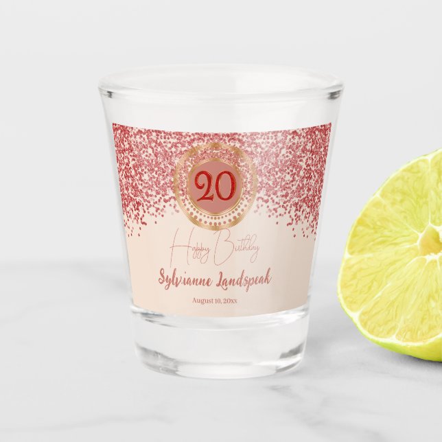 20th Ruby Red Glitter Champagne-Gold Birthday  Shot Glass (Front)