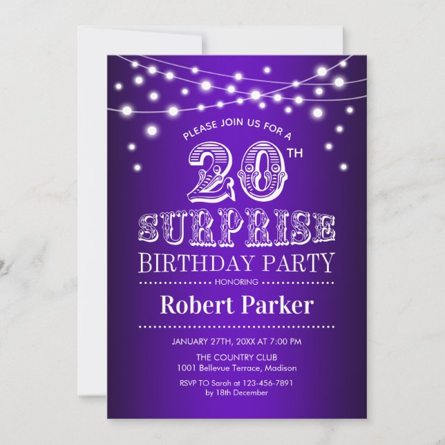 20th Surprise Birthday - Purple White Invitation (Front)