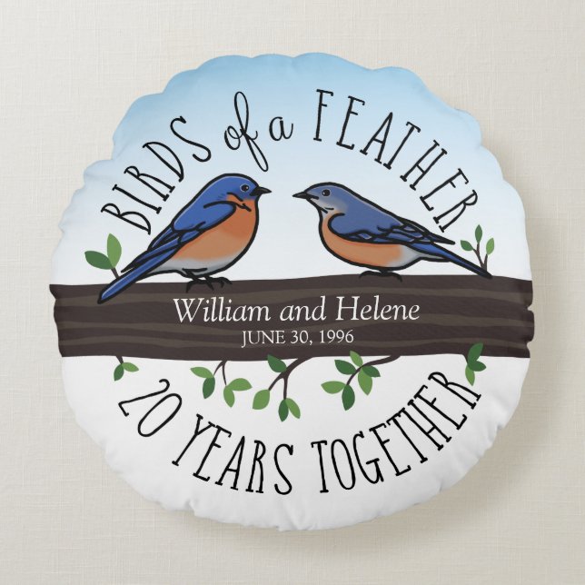 20th Wedding Anniversary, Bluebirds of a Feather Round Cushion (Front)
