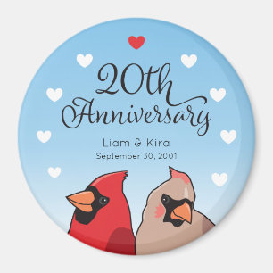 20th Wedding Anniversary, Cardinal Bird and Hearts Magnet