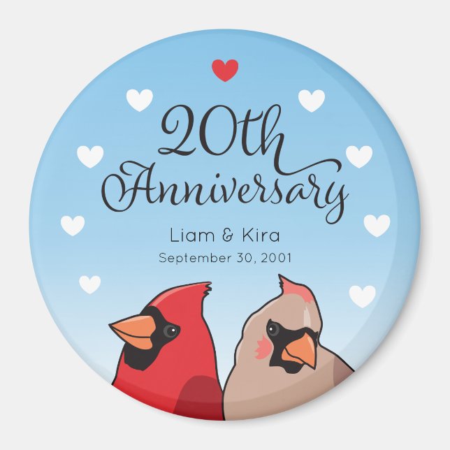 20th Wedding Anniversary, Cardinal Bird and Hearts Magnet (Front)