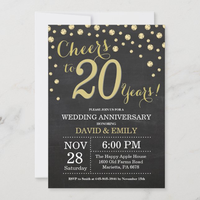 20th Wedding Anniversary Chalkboard Black and Gold Invitation (Front)