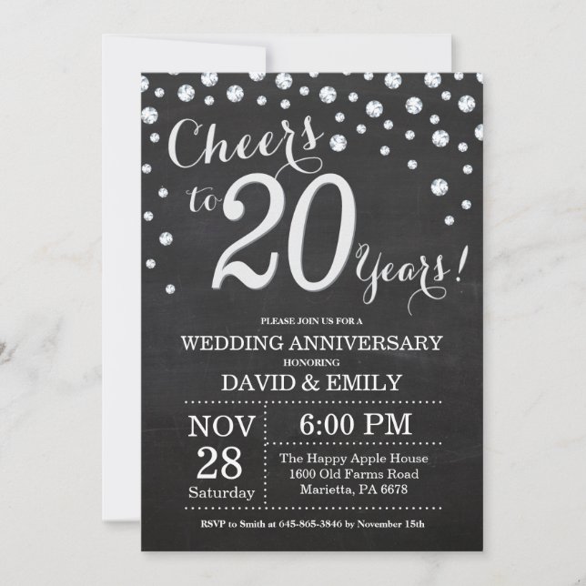 20th Wedding Anniversary Chalkboard Black Silver Invitation (Front)