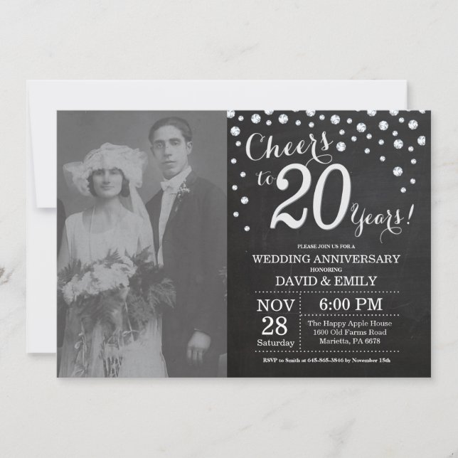 20th Wedding Anniversary Chalkboard Black Silver Invitation (Front)
