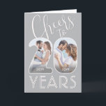20th Wedding Anniversary Cheers to 20 Years Photo Card<br><div class="desc">Cheers to 20 Years! Commemorate a special wedding milestone with a custom two photo 20th anniversary folded greeting card. The pictures and wording on this template are simple to customise. All colours and fonts can be changed with the Zazzle design editor tool. The grey and white design features 2 pictures...</div>