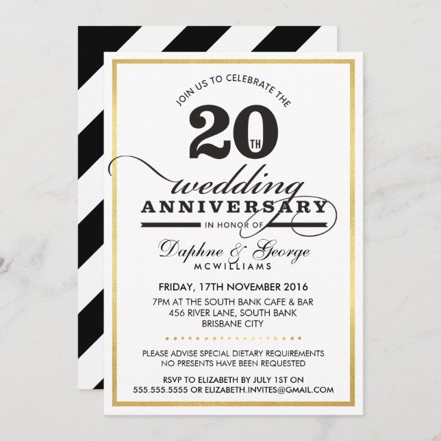 20TH WEDDING ANNIVERSARY classy stylish gold black Invitation (Front/Back)