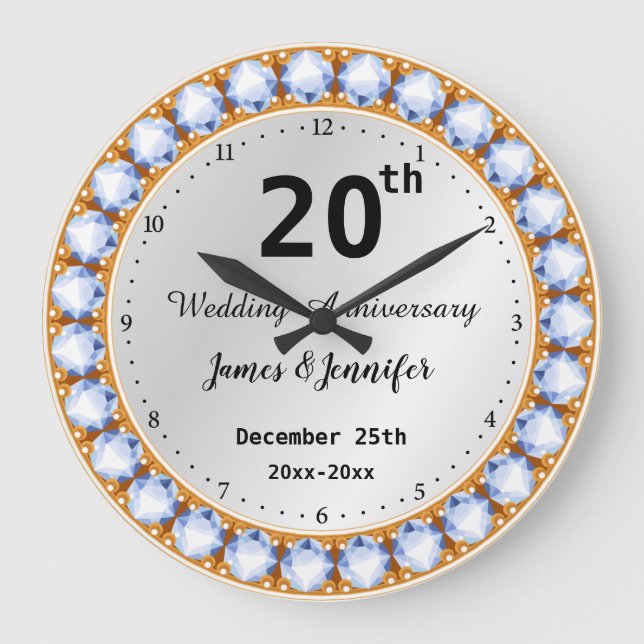 20th Wedding Anniversary diamond Custom Names Large Clock (Front)