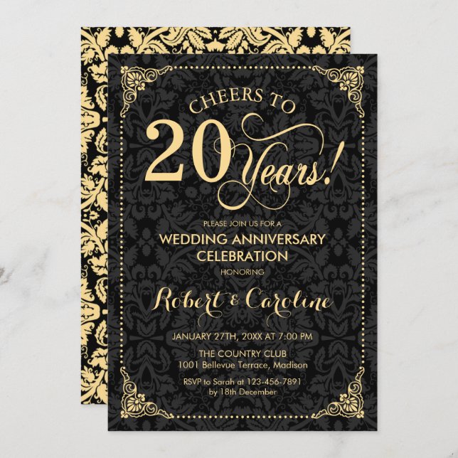 20th Wedding Anniversary - Gold Black Damask Invitation (Front/Back)