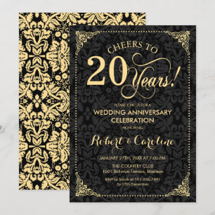 20th Wedding Anniversary - Gold Black Damask Invitation