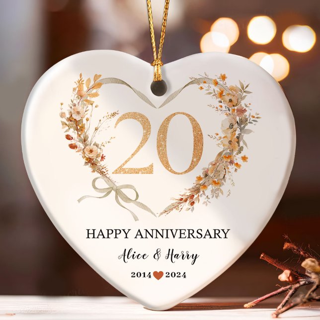20th Wedding Anniversary Gold Hearts Couple Photo  Ornament (Creator Uploaded)