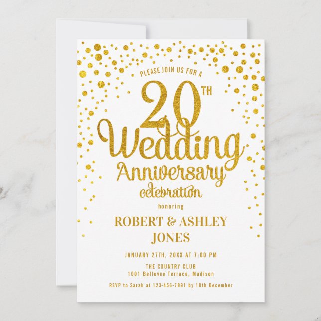 20th Wedding Anniversary - Gold & White Invitation (Front)