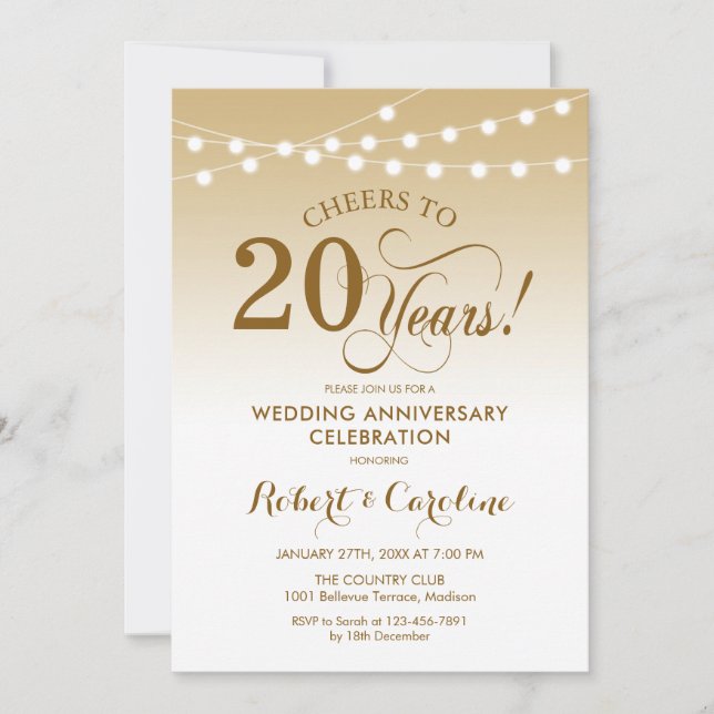 20th Wedding Anniversary - Gold White Invitation (Front)