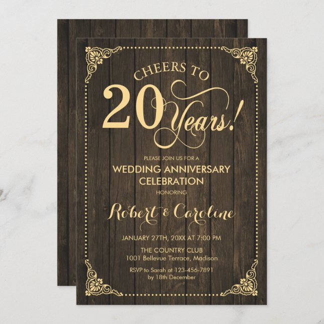 20th Wedding Anniversary - Gold Wood Invitation (Front/Back)