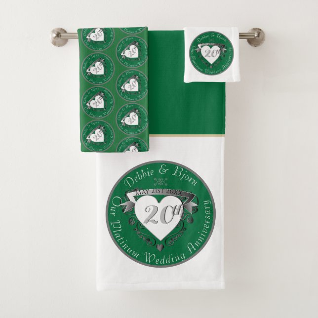 20th Wedding Anniversary Heart Emerald Green Bath Towel Set (Insitu)