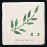 20th Wedding Anniversary  Monogram Emerald Green Stone Coaster<br><div class="desc">Printed with beautiful glittery leaf in white background and monogrammed initials,  this is perfect for wedding anniversay gifts! You may change the text to change the year of the anniversary and also change the custom initials!</div>