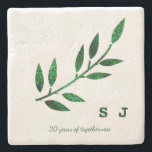 20th Wedding Anniversary  Monogram Emerald Green Stone Coaster<br><div class="desc">Printed with beautiful glittery leaf in white background and monogrammed initials,  this is perfect for wedding anniversay gifts! You may change the text to change the year of the anniversary and also change the custom initials!</div>