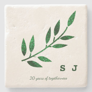 20th Wedding Anniversary Monogram Emerald Green Stone Coaster